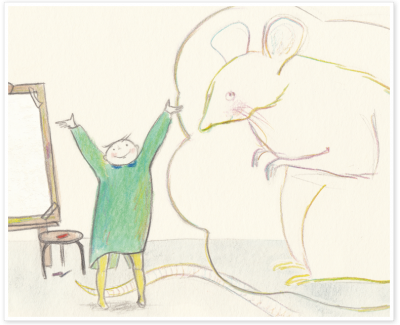 Robert nimmt das größte der Papiere und sagt: „Mäuse, das sind Riesentiere.“ Illustration: Christine Mohr, Autor: Michael Fink
